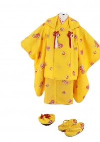 七五三 3歳女の子用被布[レトロシンプル](被布・着物)黄色地・小さめの鈴No.42M